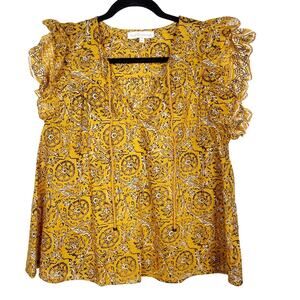 House of Harlow 1960 Large L Yellow Boho Ruffle Sleeve Blouse Tie V Neck Gypsy